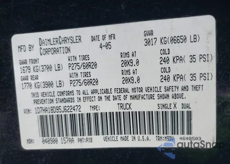 2005 Dodge Ram 1500 Slt/Laramie z USA, uszkodzony, nr VIN 1D7HA18D95J622472